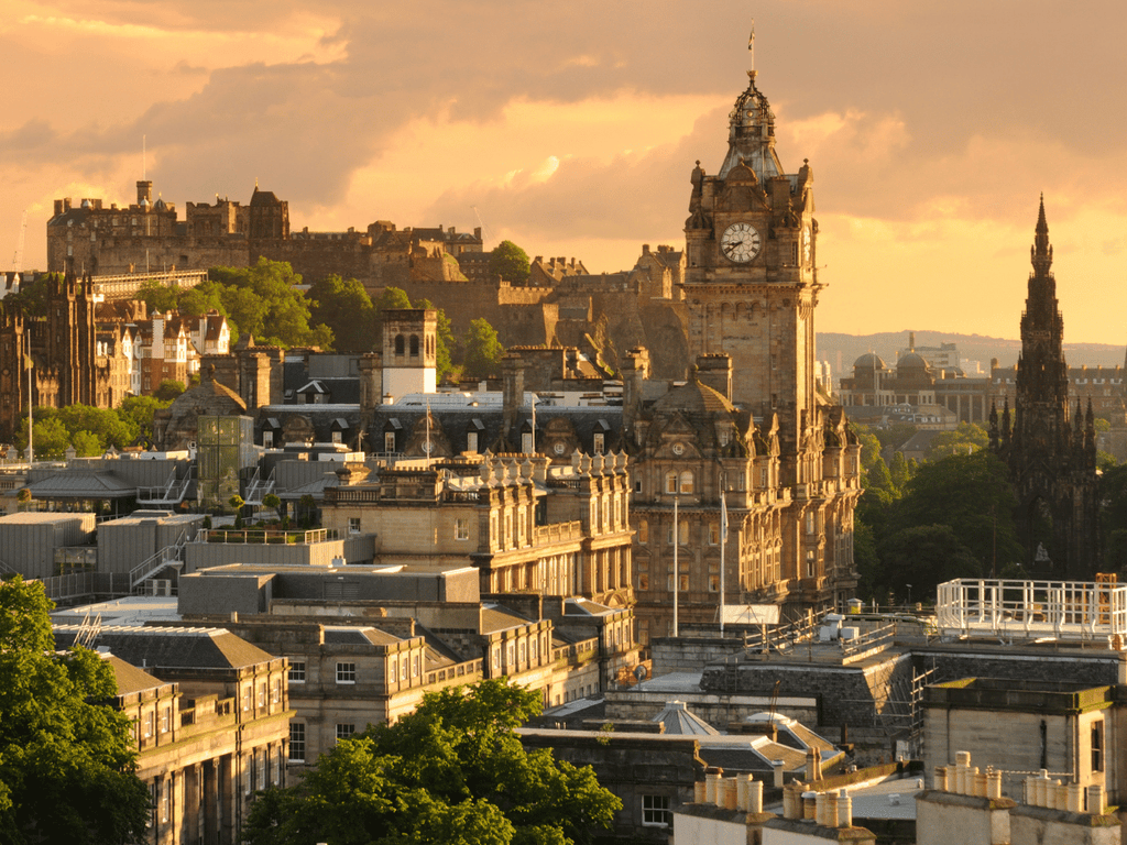 Scotland 10 Edinburgh skyline with Balmoral Hotel clock tower and Edinburgh Castle