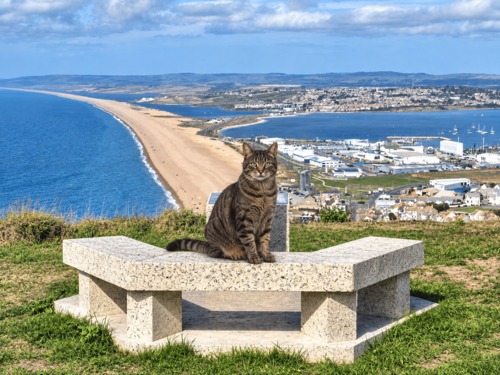 Charlie the cat sitting on a stone bench overlooking the English coast