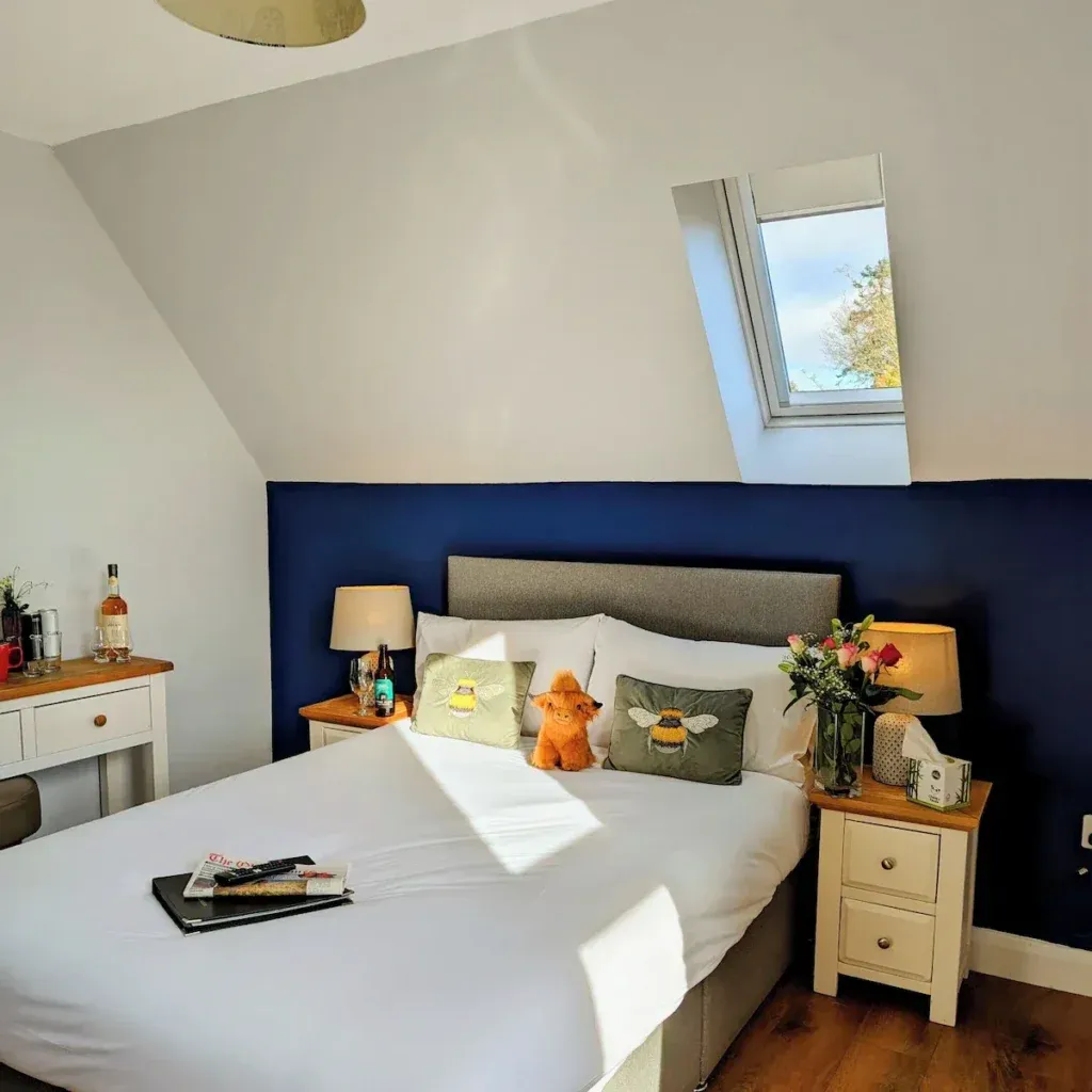 Ben Cruachan Inn, Lochawe 1 Double bed with white bedding, bee cushions and bedside lamps beneath a roof window