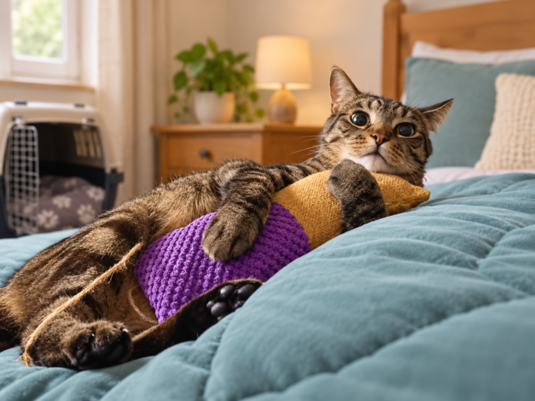 Charlie the tabby cat relaxing on a teal bed with his favourite toy, with an open cat carrier in the background