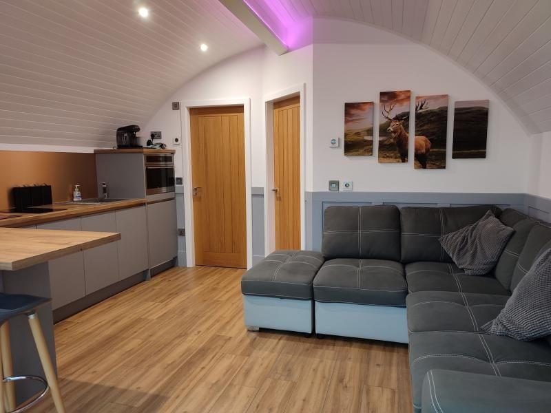 Curved-ceiling living area with grey corner sofa, oak-topped kitchen, wooden doors and stag artwork on the wall