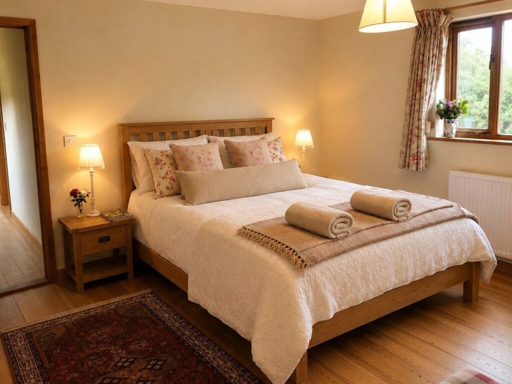 Wooden double bed with pale bedding and bedside lamps