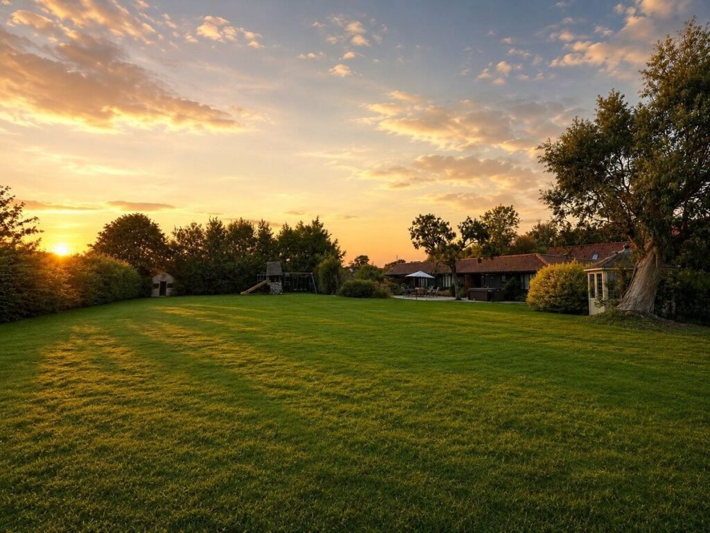 Large lawn with trees, play equipment and the barn beneath a sunset sky