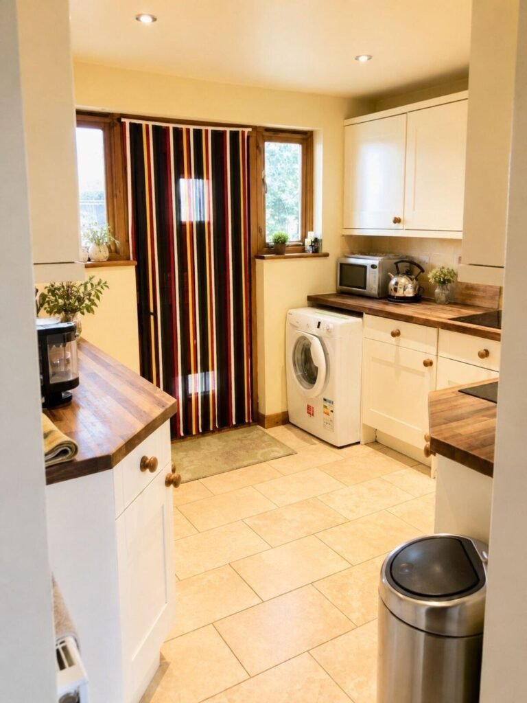 White kitchen cabinets with wooden worktops, microwave and washing machine