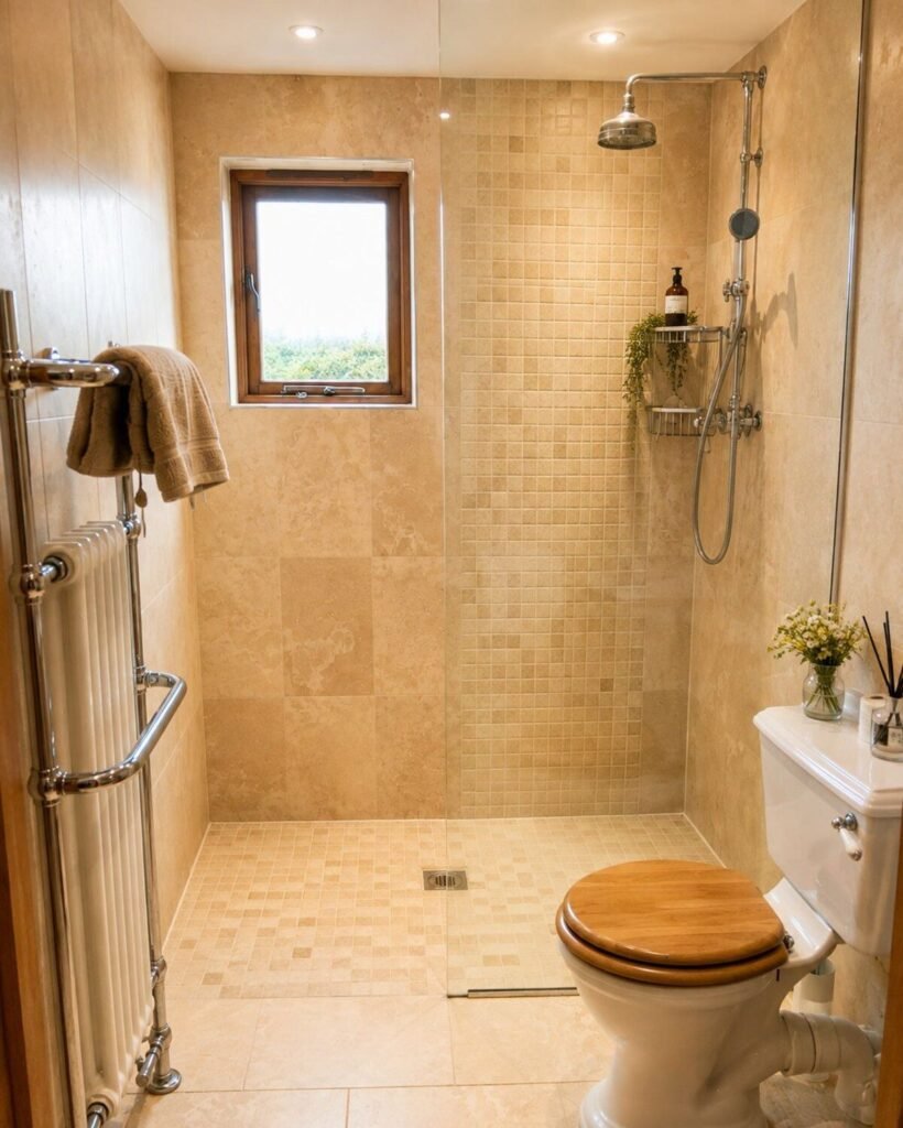 Tiled shower room with a glass shower screen, toilet and heated towel rail